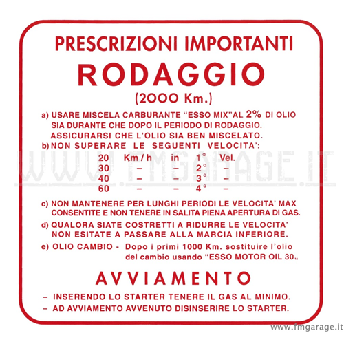 Adesivo Vespa "Rodaggio 2%" rosso grande 4 marce