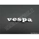 Targhetta scudo anteriore "Vespa" lunghezza 121mm in alluminio lucidato 2 pioli Ø 3, interasse 80mm per Vespa PX 1° Serie fino al 1983, 50 special 2° Serie, ET3, Primavera, Rally 200