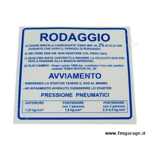 Adesivo Vespa "Rodaggio 2%"  blu piccolo per Vespa Rally 180/200
