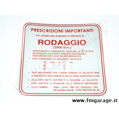 Adesivo Vespa "Rodaggio 2%" rosso grande 3 marce