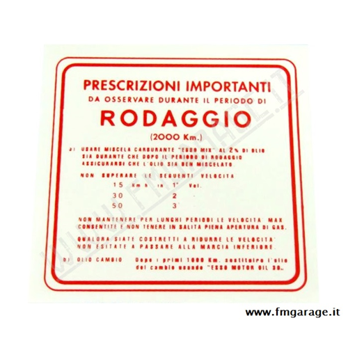 Adesivo Vespa "Rodaggio 5%" rosso grande 3 marce