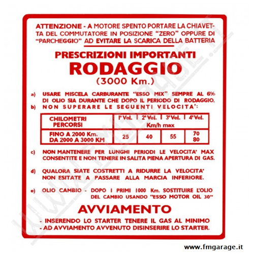 Adesivo Vespa "Rodaggio 6%" rosso grande 4 marce